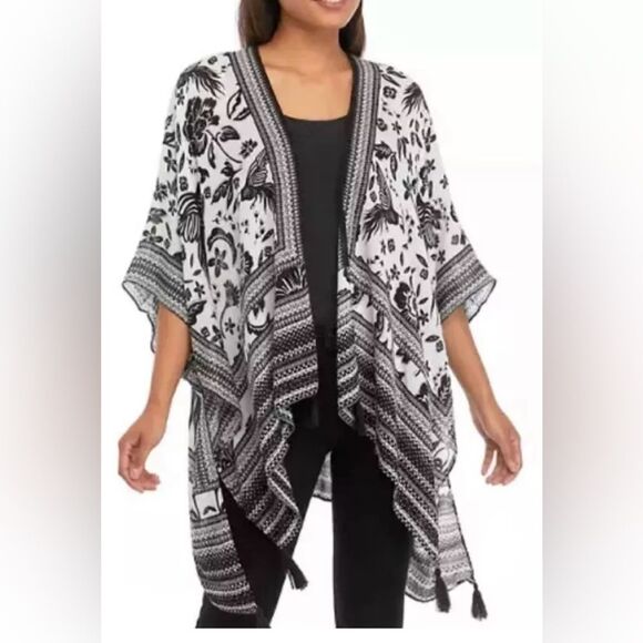 Vince Camuto Tropical Bird Floral Wrap Kimono With Tassels OSFM - Picture 1 of 8
